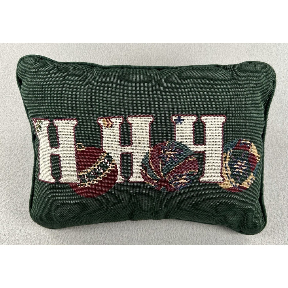 VTG Tapestry Small Christmas Throw Pillow "Ho Ho Ho" 7"x11" Green